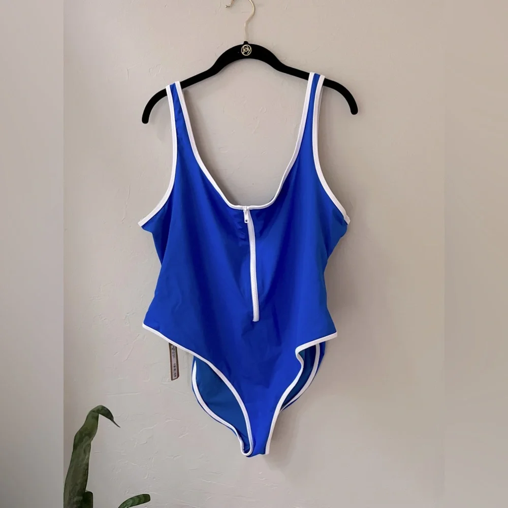 💙SKIMS SPORTY ZIP UP SWIM SCOOP NECK ONE PIECE SWIMSUIT IN COBALT 4X